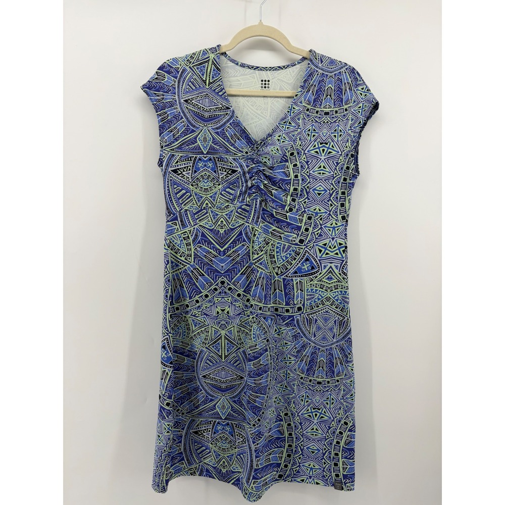 Title Nine Diamalete Dress Blue Green Women Medium Geometric V-Neck Cap Sleeve